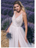 V Neck Ivory Sparkly Lace Tulle Side Slit Wedding Dress